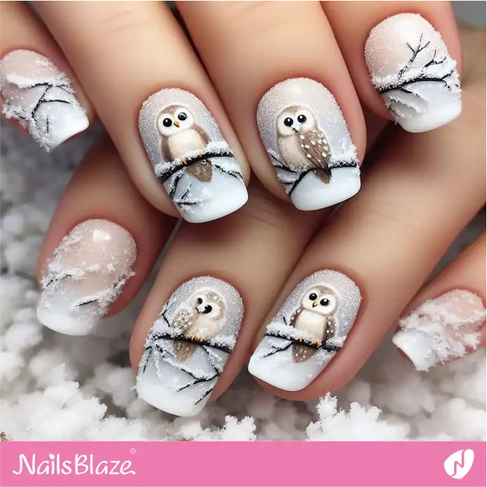 Owl Standing on a Branch Nail Design | Polar Wonders Nails - NB3133